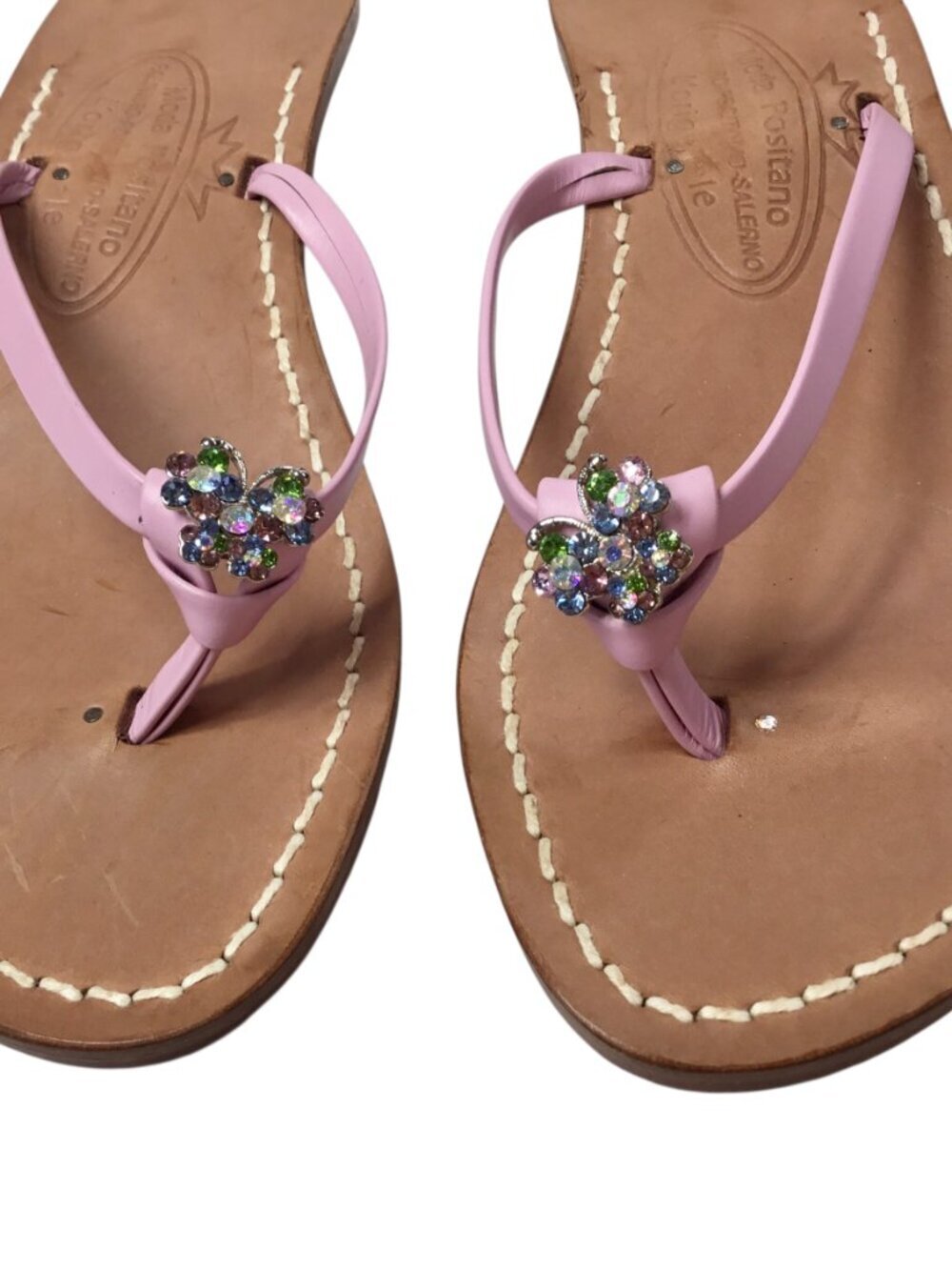 Moda Positano Sandals Pink Leather Italy Rhinestone Butterfly Kitten Heel Sz 8